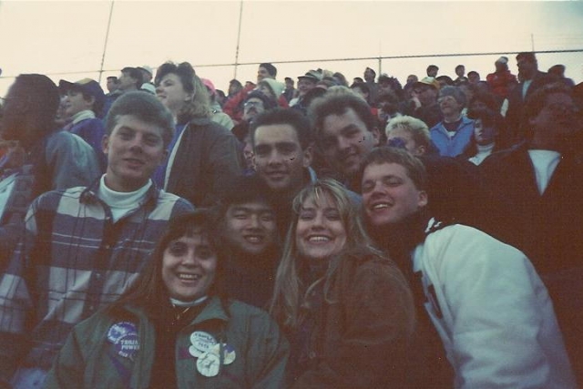 DGN Football Playoffs, November 1989. Bloomington, IL. Christi Scroggins, Rob Rhee, Kristen Schimmel, Steve Davis, Jon Fellows, Todd Rountree, Clint Hochstedt.