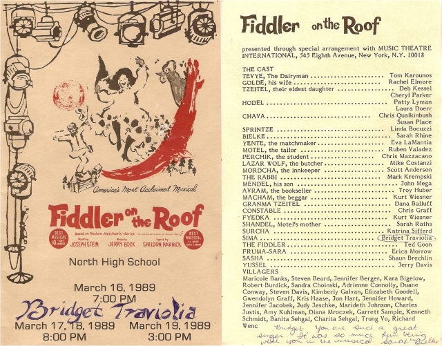 Fiddler on the Roof Program - March 16 - 19, 1989