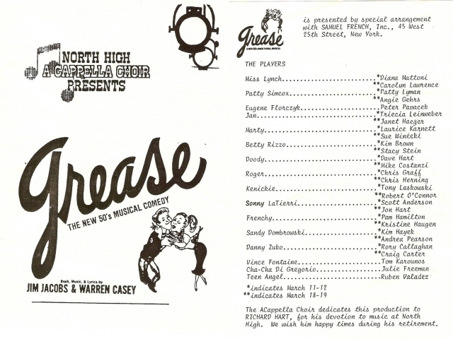 Grease program:  March 11-12, 18-19, 1988